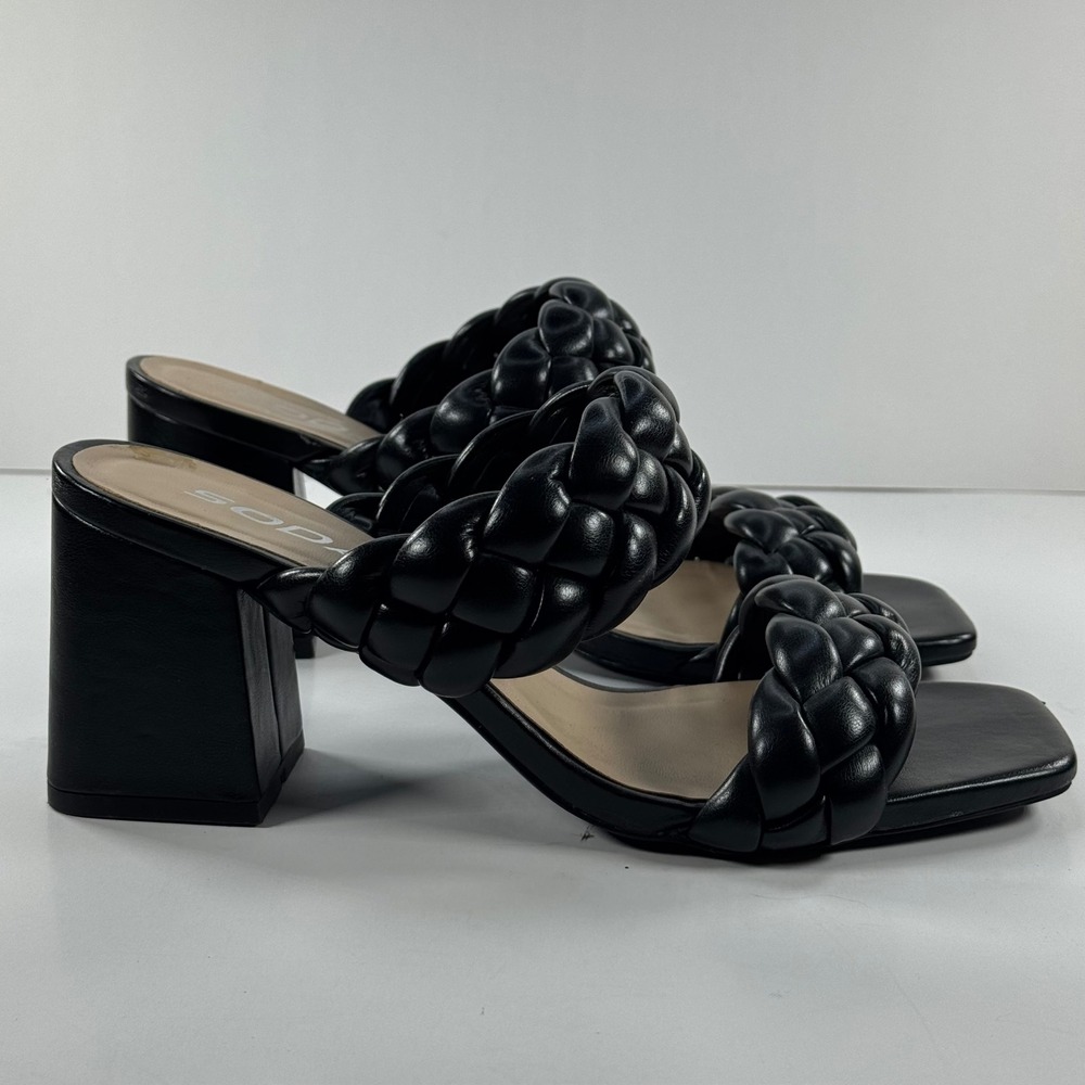 SODA Black Braided Double Strap Block Heel Square Toe Mules Sandals Women Size 7